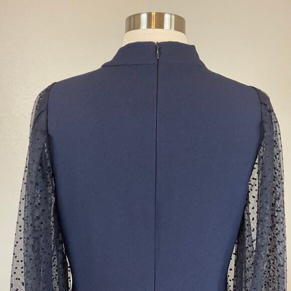 Vince Camuto Sheer Dot Long Sleeve Cocktail Dress Size 8 Blue Bow Halter Shift - Picture 8 of 13